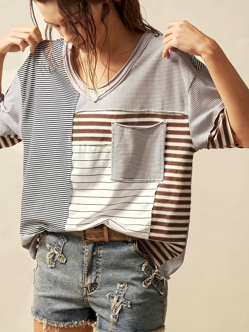 Women’s Patchwork Stripe V-Neck T-Shirt