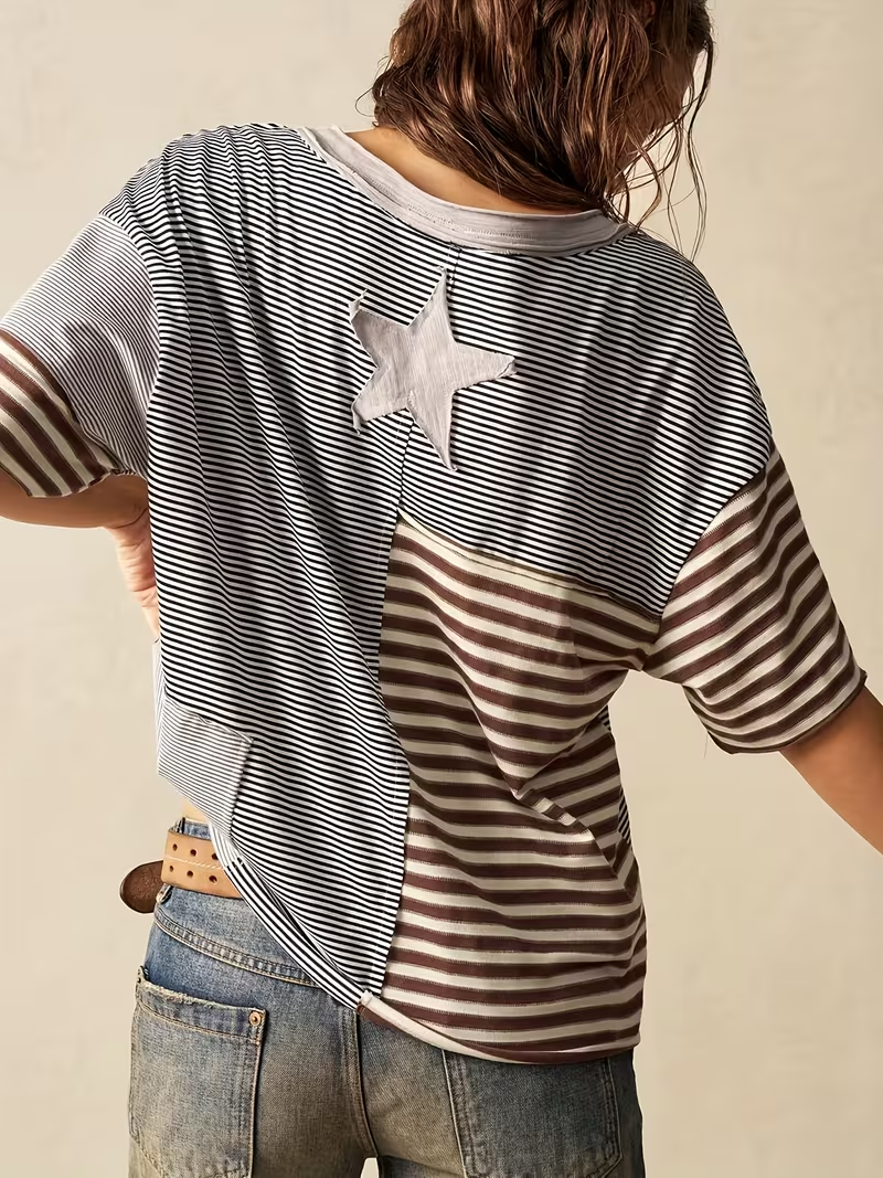 Women’s Patchwork Stripe V-Neck T-Shirt