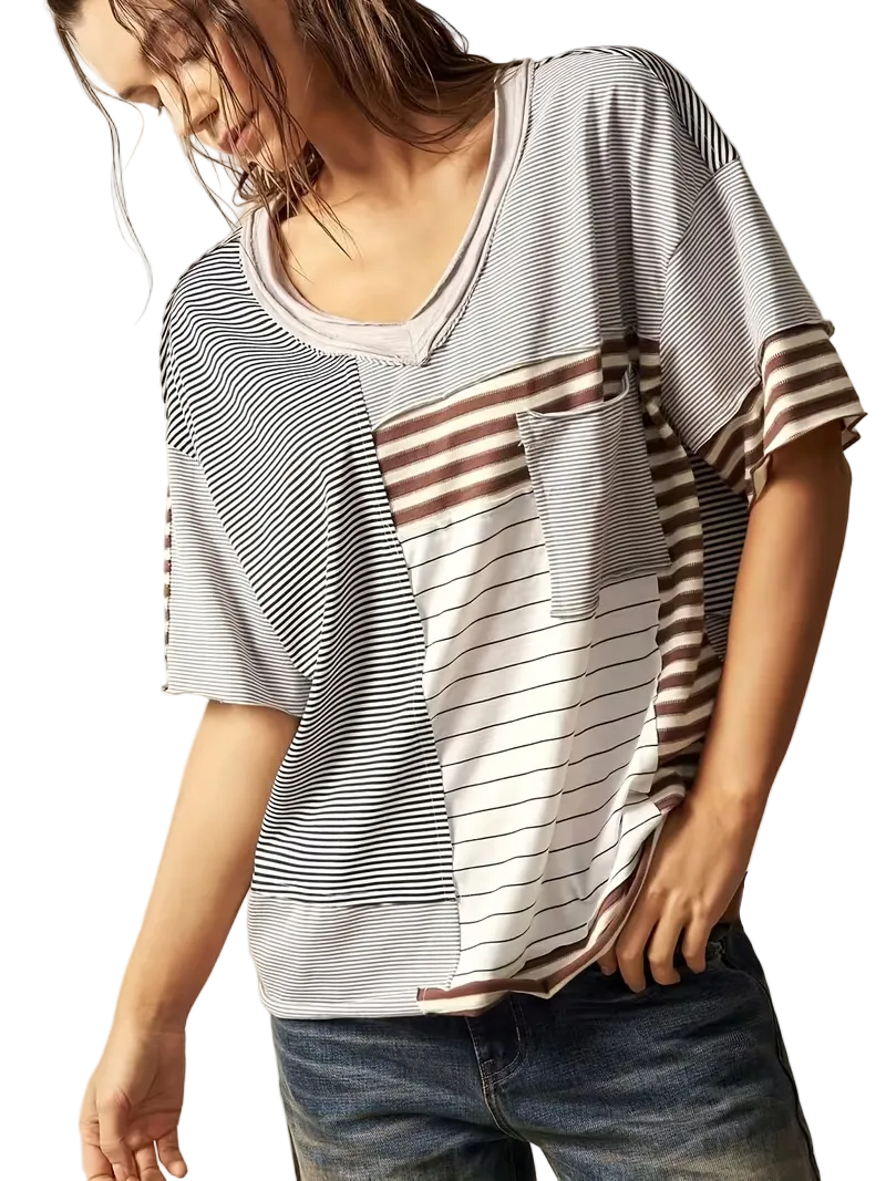 Women’s Patchwork Stripe V-Neck T-Shirt